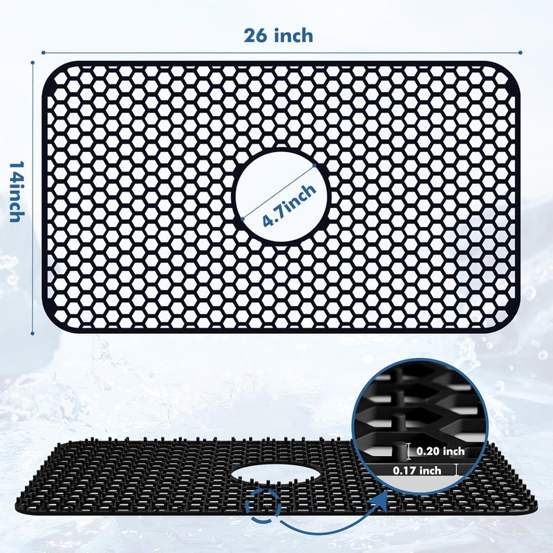 Bestjing Silicone Sink Protectors for Kitchen Sink with Center Drain, 26"x 14" Kitchen Grid Accessory, Non-Slip Heat-Resistant Mat for Bottom of Farmhouse Porcelain Stainless Steel (Center Hole,Black) - Image 3